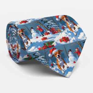 Basenji Dog Playing in Snow Winter Scene Tie