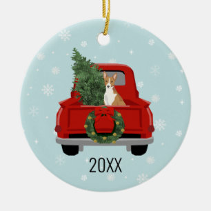Basenji dog red truck christmas ceramic tree decoration