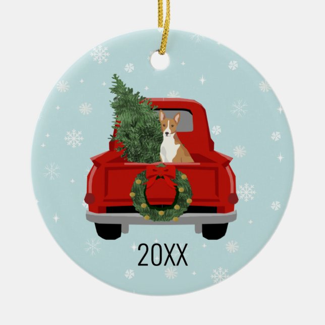 Basenji dog red truck christmas ceramic tree decoration (Front)