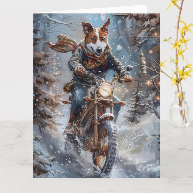 Basenji Dog Riding Motorcycle Christmas  Card (Yellow Flower)