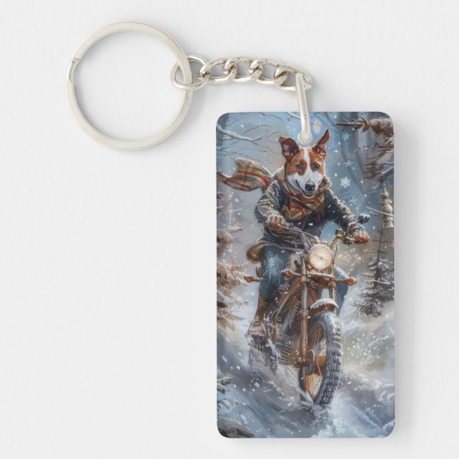 Basenji Dog Riding Motorcycle Christmas  Key Ring (Front)
