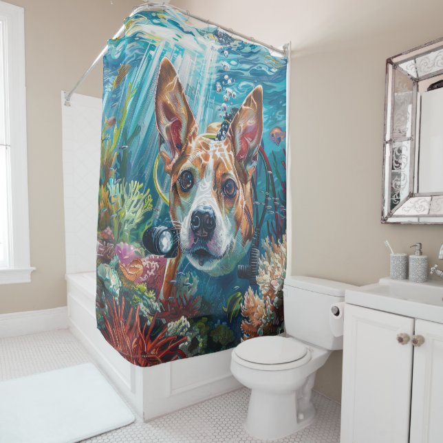 Basenji Dog Scuba Diving Underwater Shower Curtain (In Situ)
