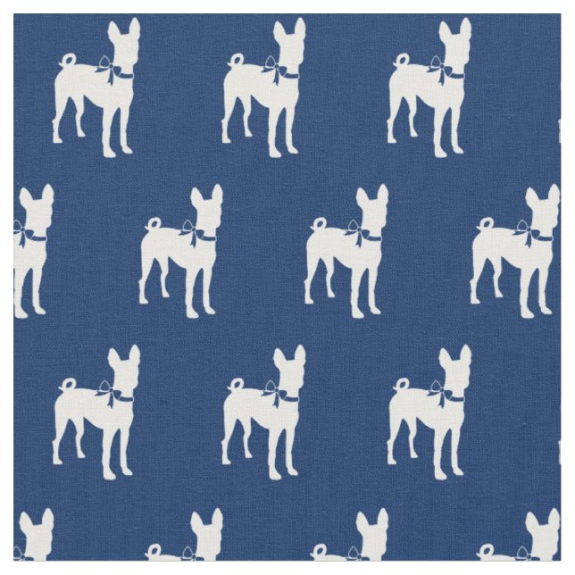 Basenji Dog Silhouette Pet Navy Blue Fabric (Close Up)