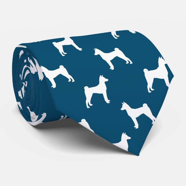 Basenji Dog Silhouettes Pattern Blue and White Tie (Rolled)