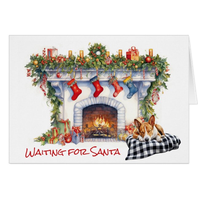 Basenji Dog Wait for Santa Christmas Fireplace (Front Horizontal)