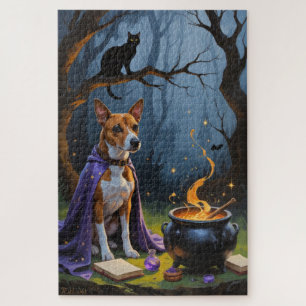 Basenji Dog Whimsical Halloween Painting Jigsaw Puzzle