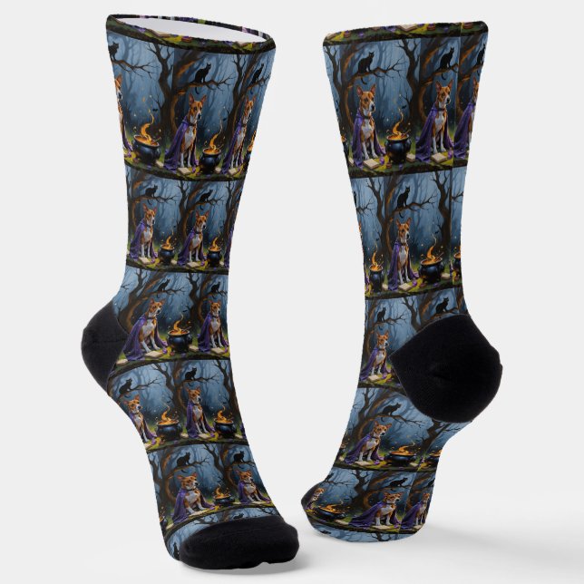 Basenji Dog Whimsical Halloween Painting Socks (Angled)