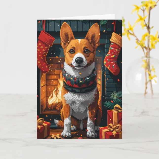 Basenji Dog With Christmas Gifts Fireplace Card (Yellow Flower)