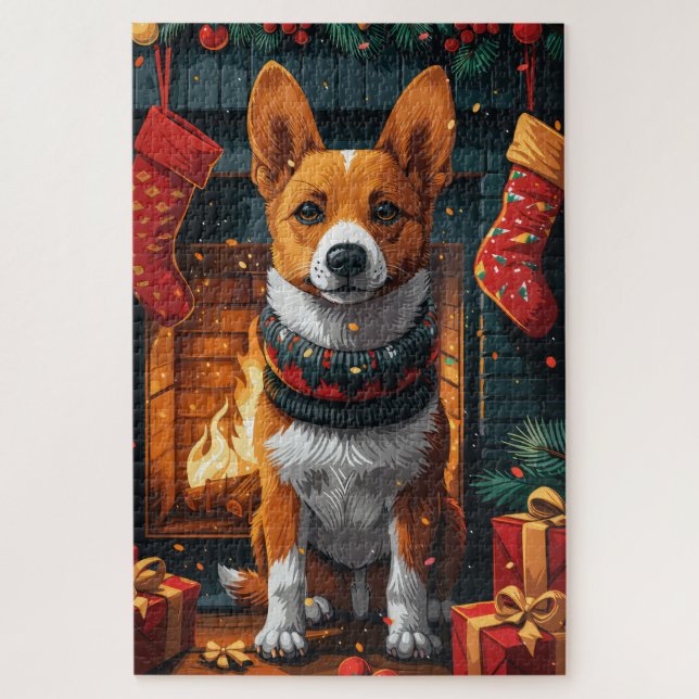 Basenji Dog With Christmas Gifts Fireplace Jigsaw Puzzle (Vertical)