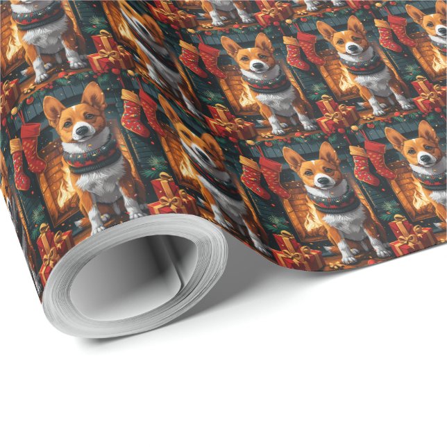 Basenji Dog With Christmas Gifts Fireplace Wrapping Paper (Roll Corner)