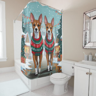 Basenji Dogs Christmas Snow Holiday  Shower Curtain