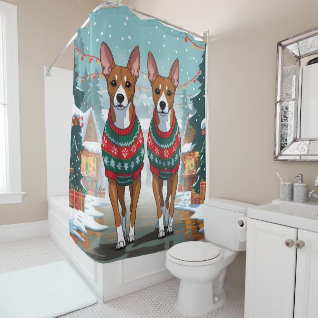 Basenji Dogs Christmas Snow Holiday  Shower Curtain (In Situ)
