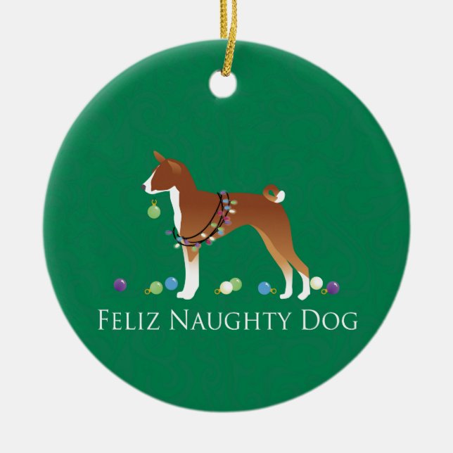 Basenji Feliz Naughty Dog Christmas Ceramic Tree Decoration (Front)