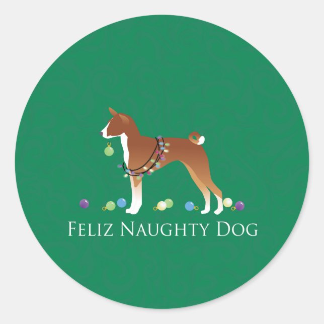 Basenji Feliz Naughty Dog Christmas Classic Round Sticker (Front)