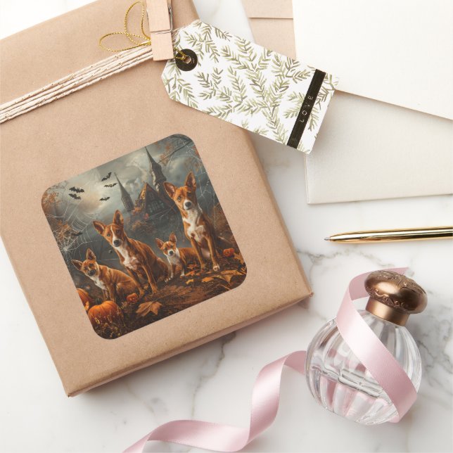 Basenji Halloween Night Doggy Delight  Square Sticker (Gifting)