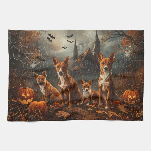 Basenji Halloween Night Doggy Delight  Tea Towel (Horizontal)
