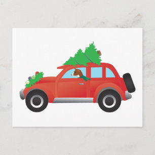 Basenji hound dog driving car with Christmas tree Holiday Postcard