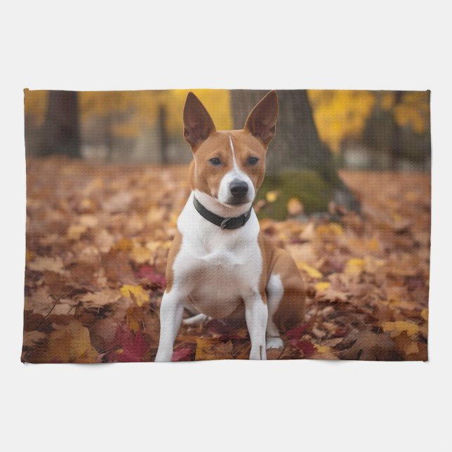 Basenji in Autumn Leaves Fall Inspire  Tea Towel (Horizontal)