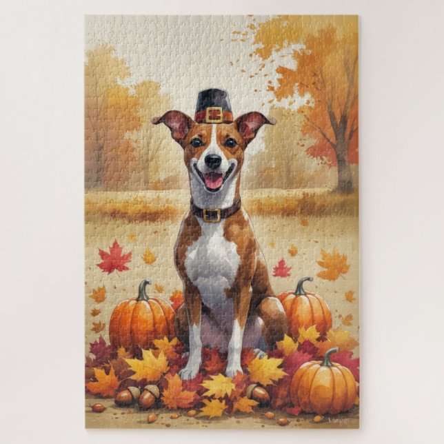 Basenji In Autumn Leaves Thanksgiving Art Jigsaw Puzzle (Vertical)