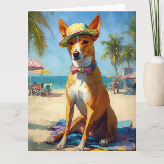 Basenji  on Beach, summer gift for dog lovers  Card (Front)