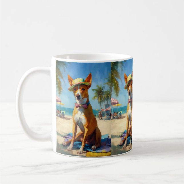 Basenji  on Beach, summer gift for dog lovers  Coffee Mug (Left)