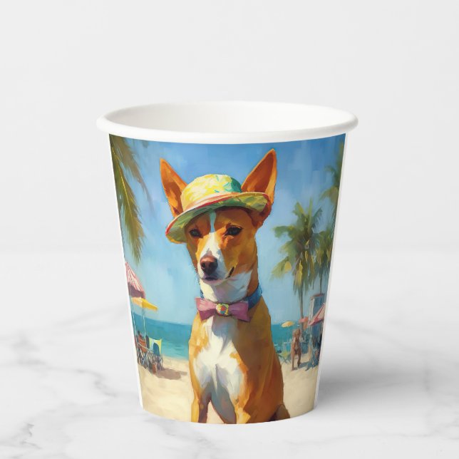 Basenji  on Beach, summer gift for dog lovers  Paper Cups (Front)