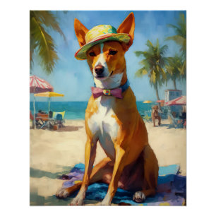 Basenji  on Beach, summer gift for dog lovers  Poster