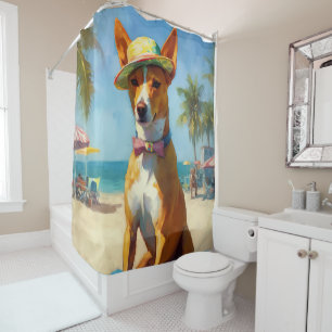 Basenji on Beach, summer gift for dog lovers Shower Curtain