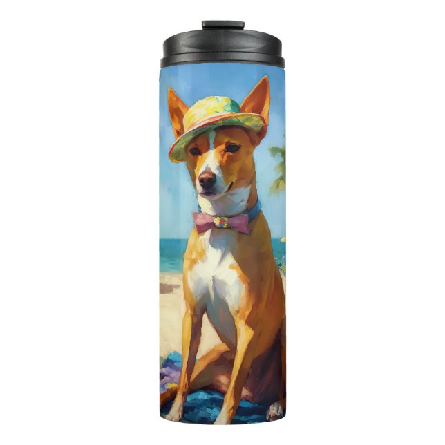 Basenji  on Beach, summer gift for dog lovers  Thermal Tumbler (Front)