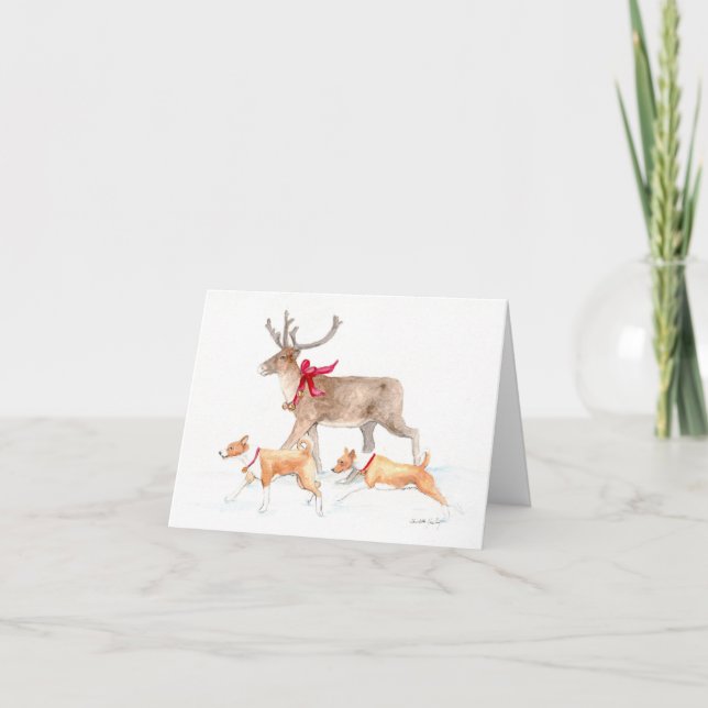 Basenji & Reindeer Play Art Christmas Card (Front)