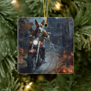 Basenji Riding Motorcycle Halloween Scary Ceramic Ornament