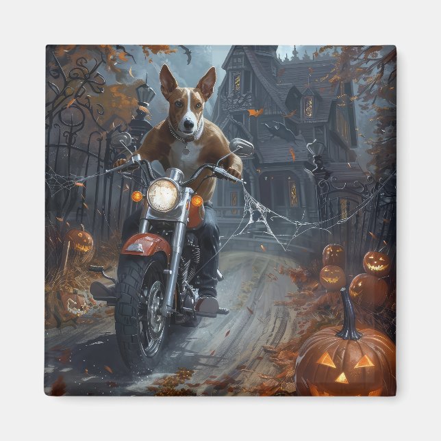 Basenji Riding Motorcycle Halloween Scary Magnet (Front)