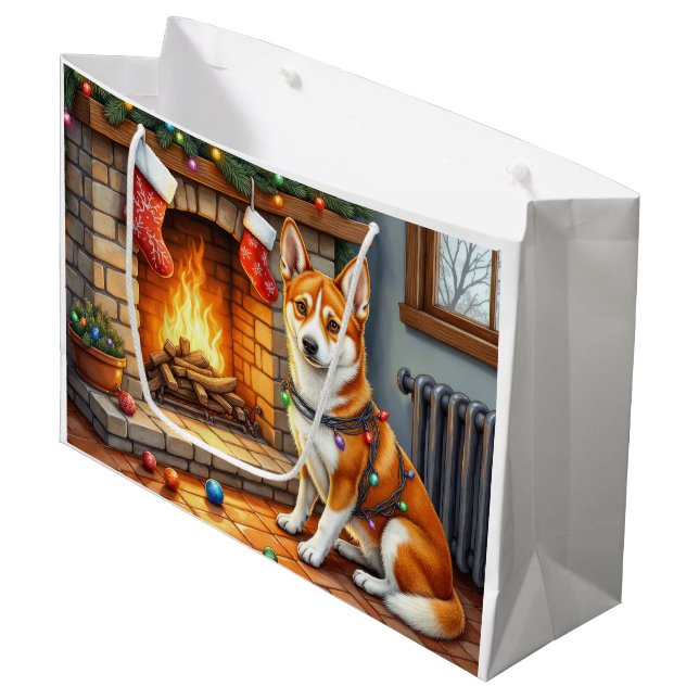 Basenji Sitting by Fireplace with Christmas Lights Large Gift Bag (Front Angled)
