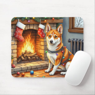 Basenji Sitting by Fireplace with Christmas Lights Mouse Mat