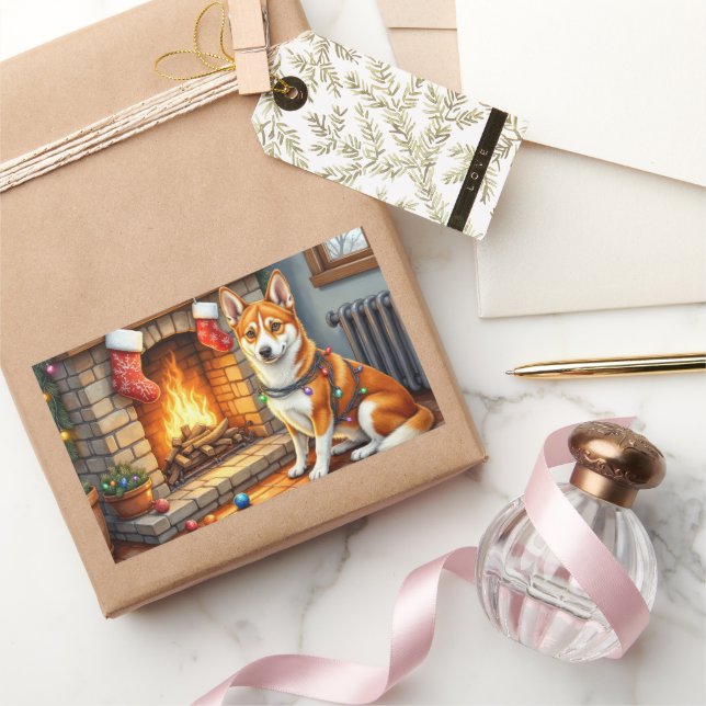 Basenji Sitting by Fireplace with Christmas Lights Rectangular Sticker (Gifting)