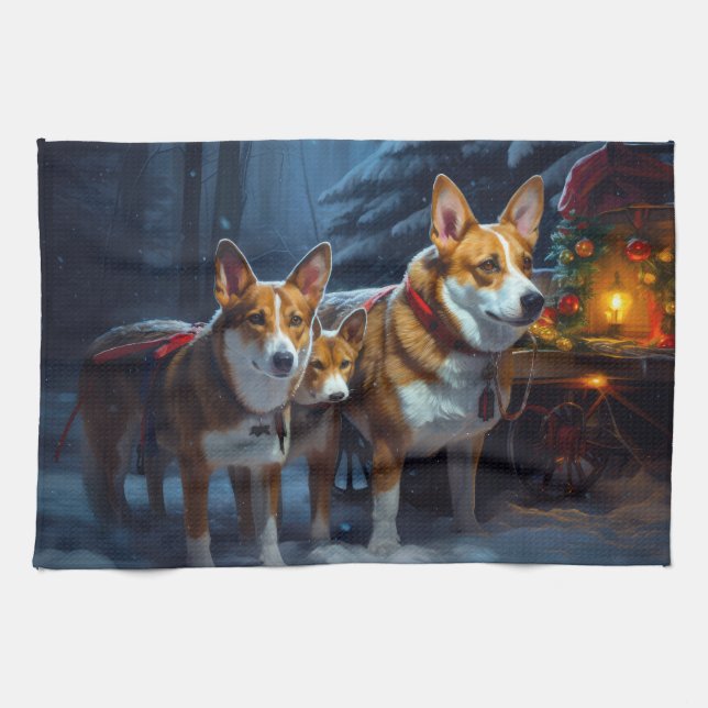 Basenji Snowy Sleigh Christmas Decor Tea Towel (Horizontal)