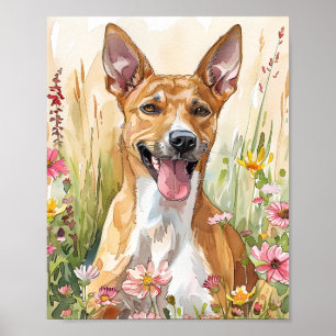 Basenji Watercolor Dog Art – Happy Floral Portrait Poster