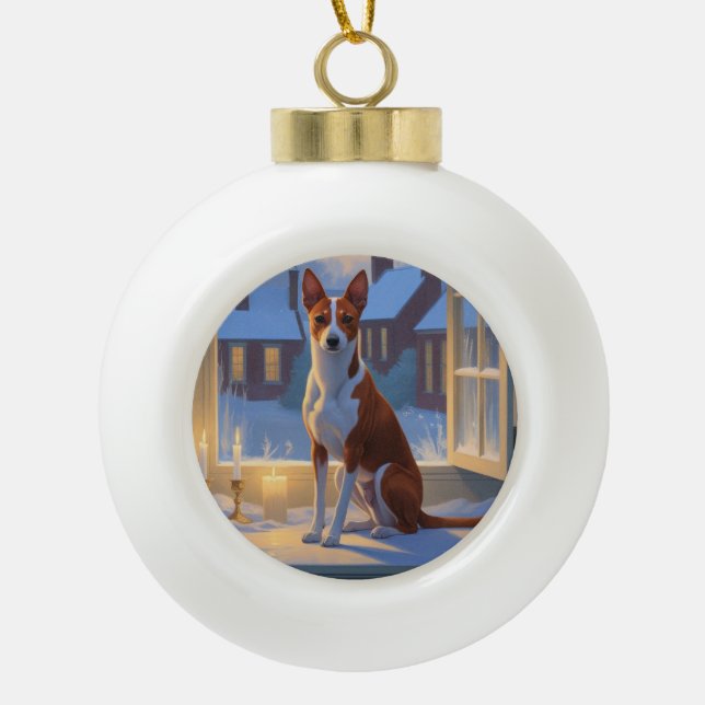 Basenji With Christmas Lights Holiday Ceramic Ball Christmas Ornament (Front)