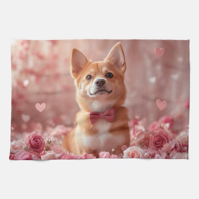 Basenji with Roses - Valentine's Day Tea Towel (Horizontal)