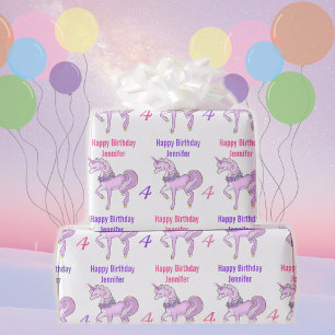 Bashful Unicorn Personalise Name Age Pink Stars Wrapping Paper