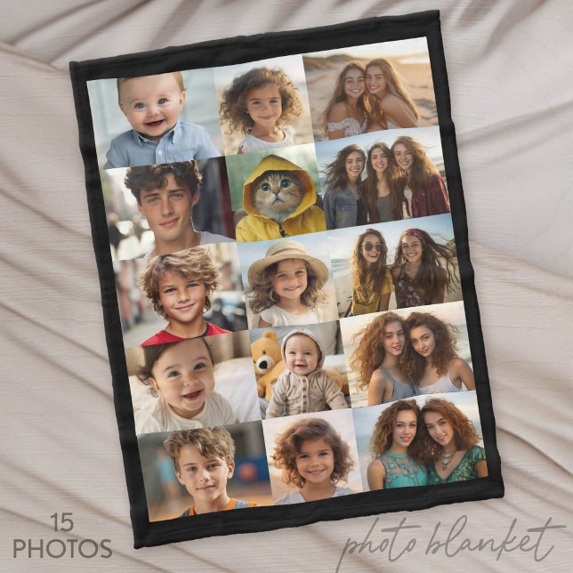 Basic 15 Photo Collage Grid Fleece Blanket (Custom Photo Blankets)