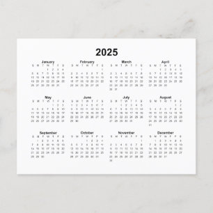 Basic 2025 Monthly Calendar Postcard
