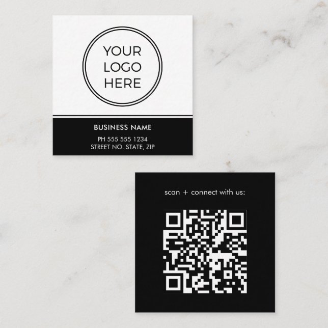 Basic Black Business QR Code Logo Square Business Card (Front/Back)