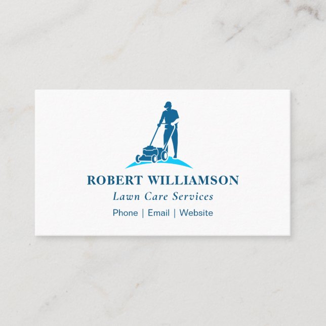 Basic Blue Lawn Mowing And Landscaping Business Card (Front)