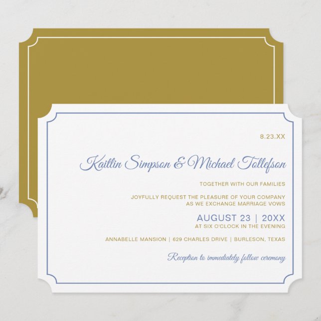 Basic Border Wedding Invitations- Blue-Grey & Gold Invitation (Front/Back)