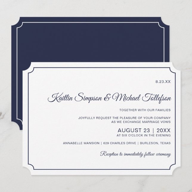 Basic Border Wedding Invitations (Dark Navy Blue) (Front/Back)