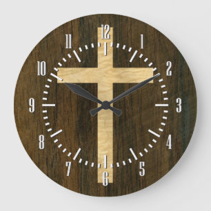 Basic Christian Cross Wooden Veneer Maple Rosewood Large Clock