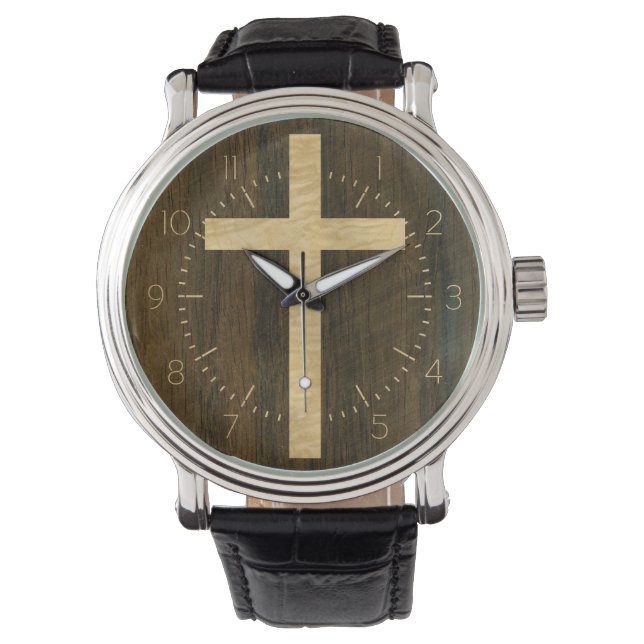 Basic Christian Cross Wooden Veneer Maple Rosewood Watch (Front)