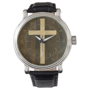 Basic Christian Cross Wooden Veneer Maple Rosewood Watch