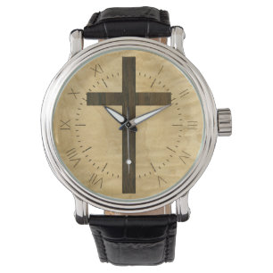 Basic Christian Cross Wooden Veneer Maple Rosewood Watch